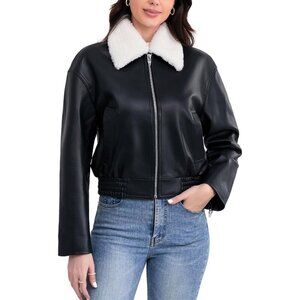 Womens Black Leather Cropped Lambskin Bomber Jacket Zip Front Sherpa Collar